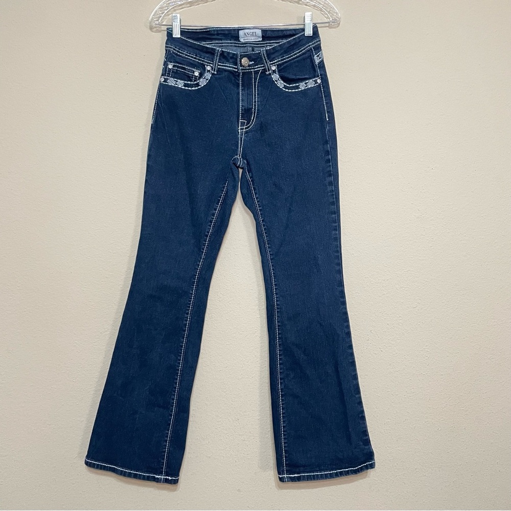 Angel‎ Women's Dark Blue Jeans 7/26 Embellished/Rhinestone Pockets Boot Cut